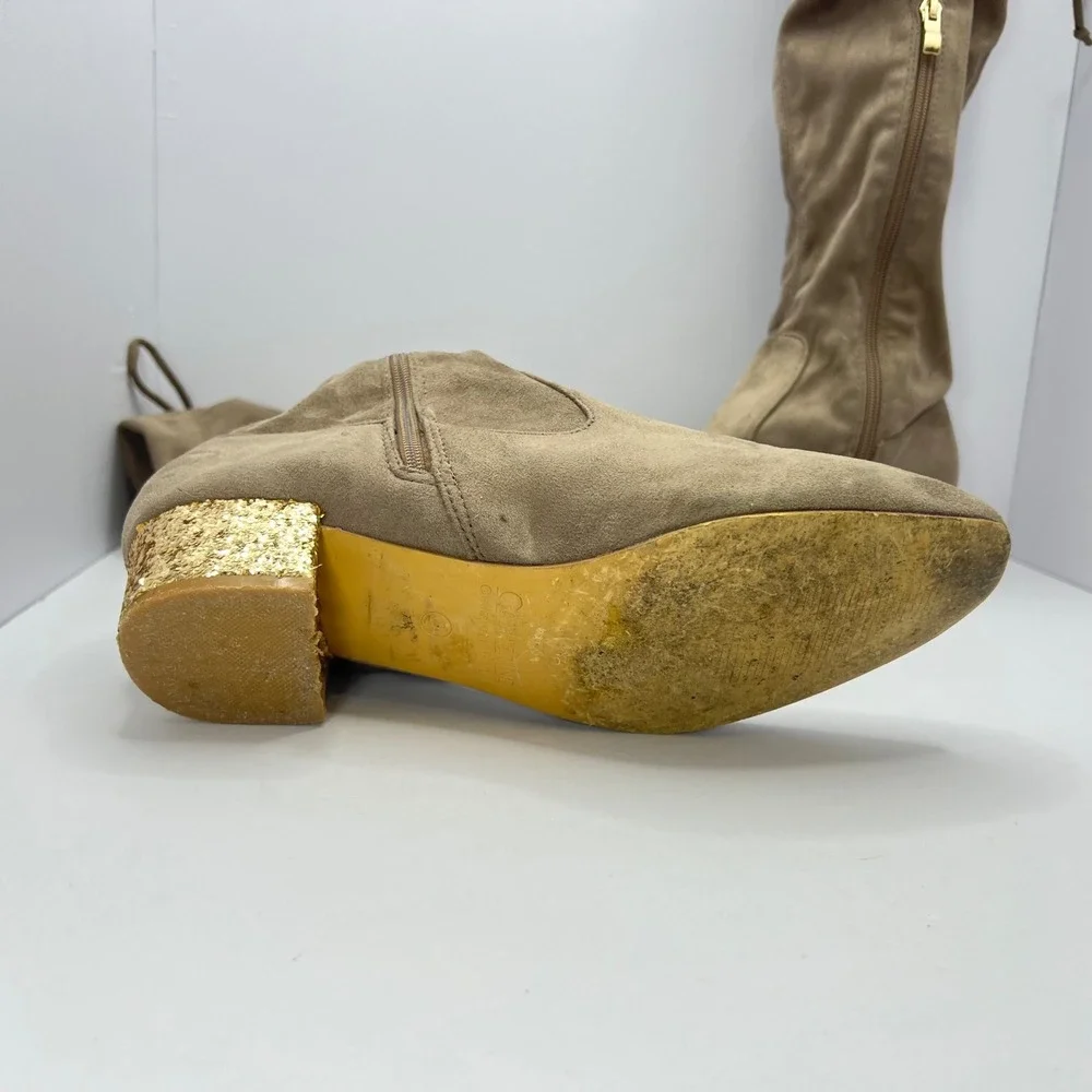 Catherine Malandrino Taupe Over the Knee Boots Women‎ Size 9 Gold Glitter Glitzy